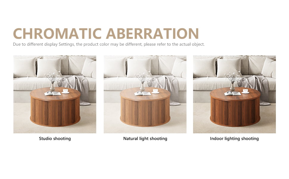 Wirrytor 31 inches Round Lift Top Coffee Table with Storage and Flip Top, Fluted Center Table for Living Room, Wood Coffee Table with Hidden Compartment, Round Arc Design, Walnut