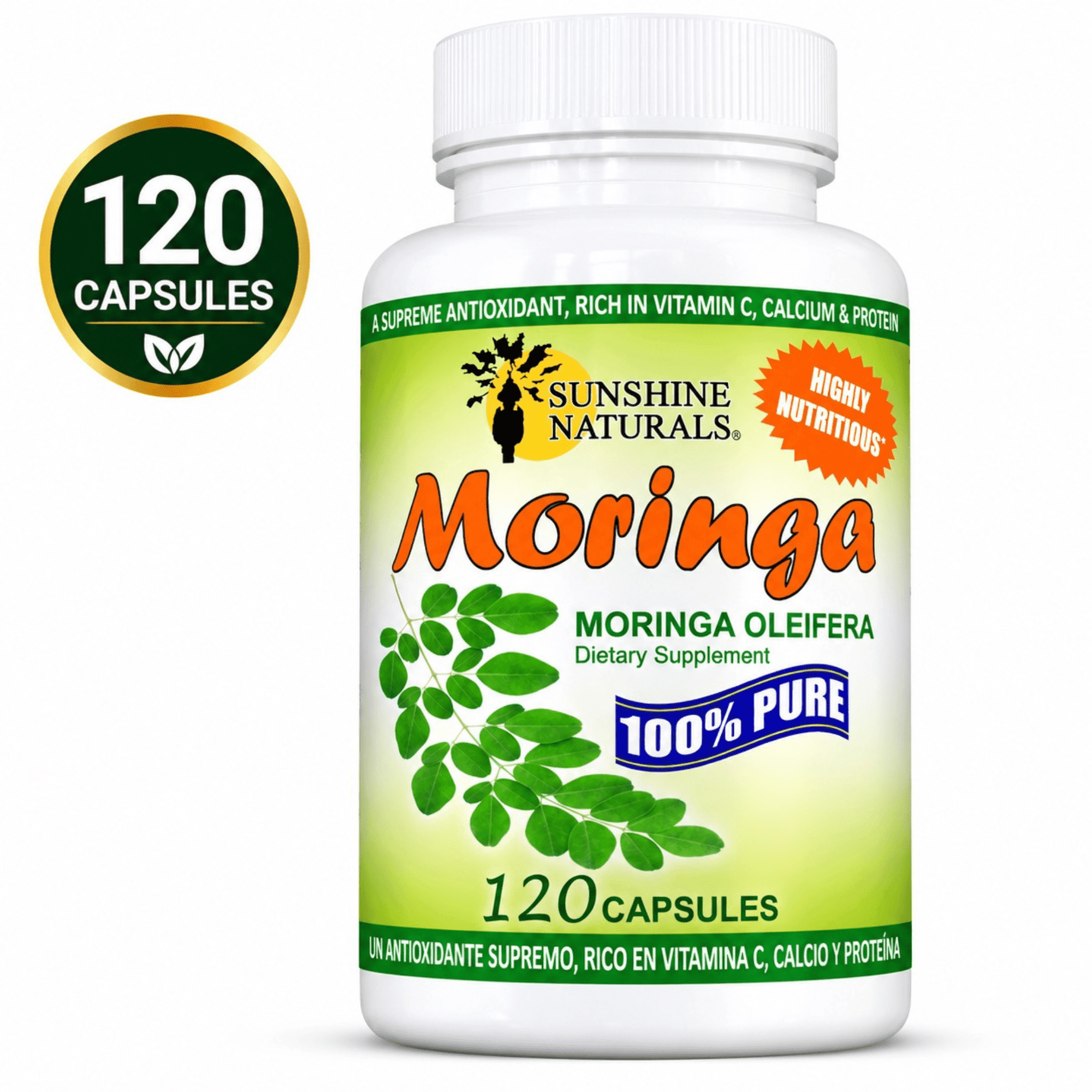 (3 pack) Sunshine Naturals Moringa Leaf Capsules, Moringa Oleifera Dietary Supplement, Vegan Capsules, Plant-Based Herbal Supplement, 120 Capsules