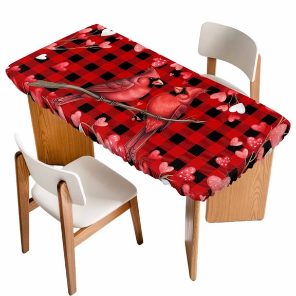 Valentine's Day Birds Table Cloths for 4 Foot Rectangle Tables, Love Branches Red Black Buffalo Plaid Patio Waterproof Elastic Fitted Tablecloths, Washable Rectangular Table Cover for Camping