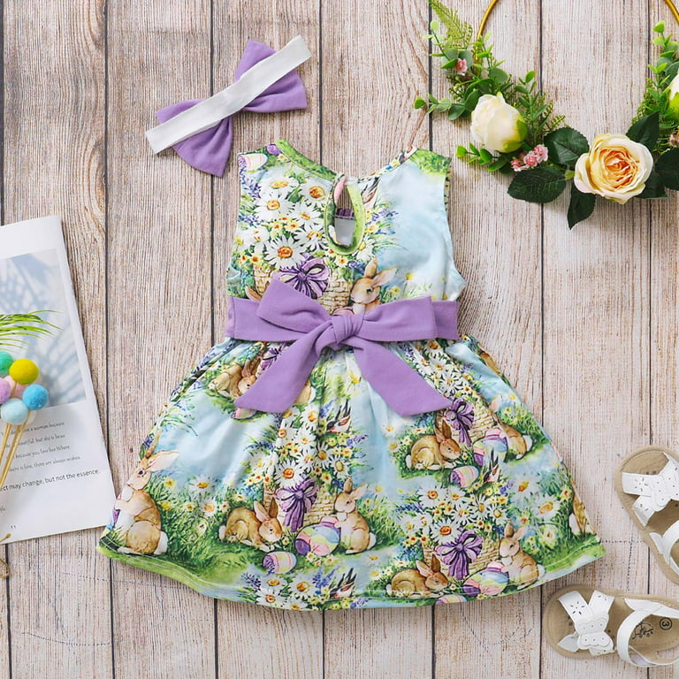 Yyeselk Toddler Dress Baby Girls Sleeveless Easter Cartoon Rabbit Printed  Princess Dress