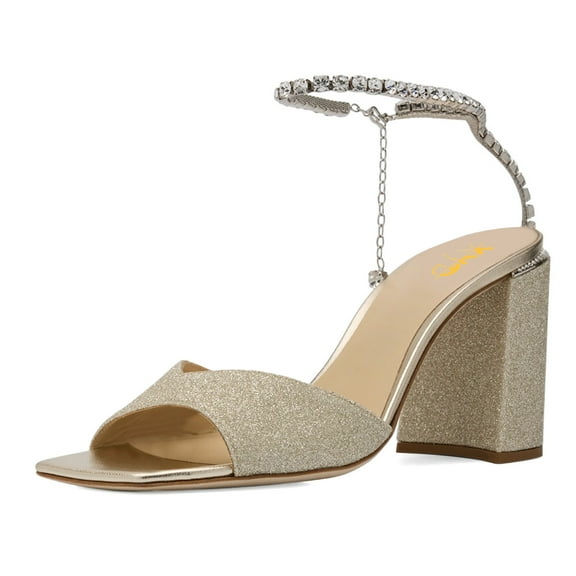 XYD Women Stylish Chunky High Heel Sandals Rhinestones Chain Ankle Strap Square Open Toe Pumps Party Prom Shoes Size 7 Gold Glitter