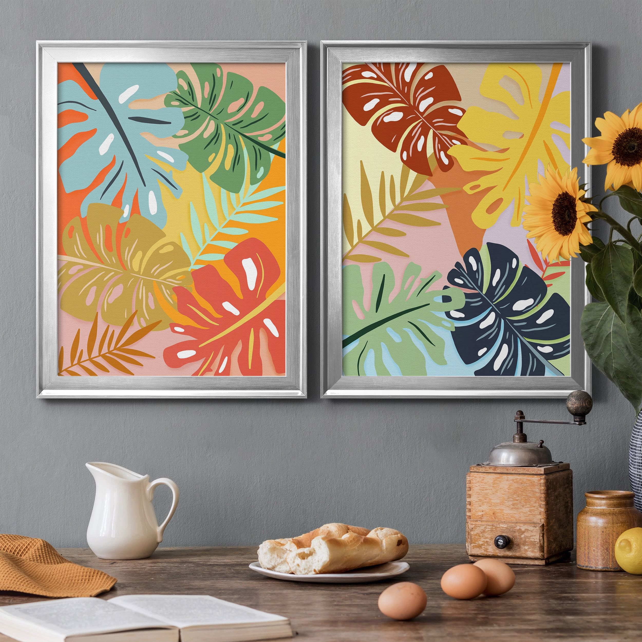 2 Piece Set Tropical Foliage I Premium Framed Canvas - Ready to Hang - 22.5 x 30.5 Each - Silver Frame