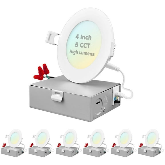 Luxrite 4" Ultra Thin LED Recessed Light with J-Box, 12W, 5 Color Selectable, 950 Lumens, Dimmable, Wet Rated 6 Pack