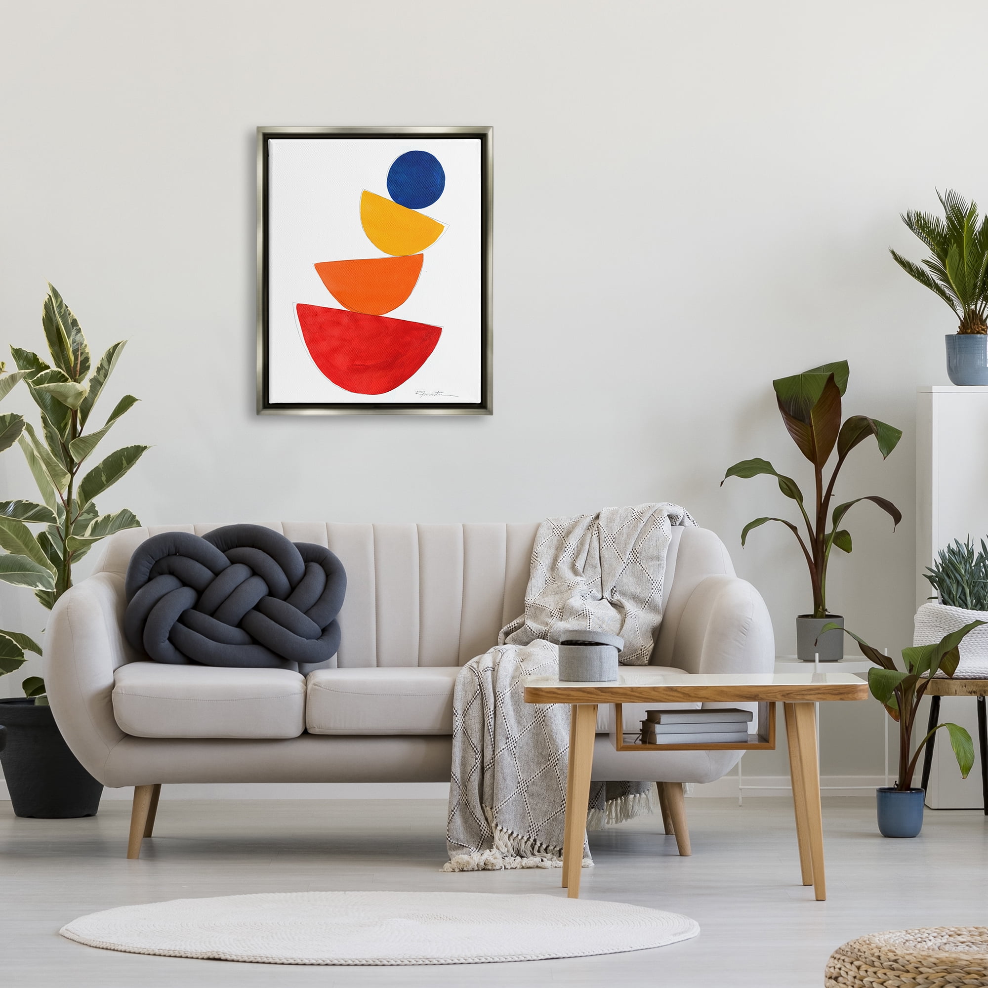 Stupell Industries Tilting Balancing Shapes Abstract Painting Gray Floater Framed Canvas Art Print Wall Art, 25 x 31