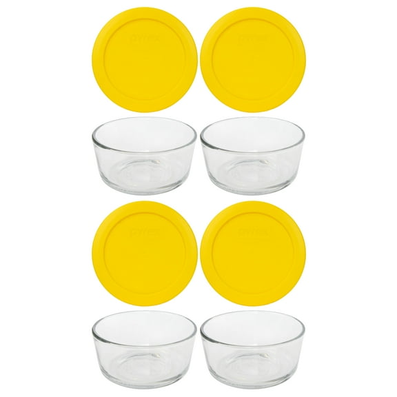 Pyrex Simply Store 7200 2-Cup Glass Storage Bowl and 7200-PC Meyer Lemon Yellow Plastic Lid (4-Pack)