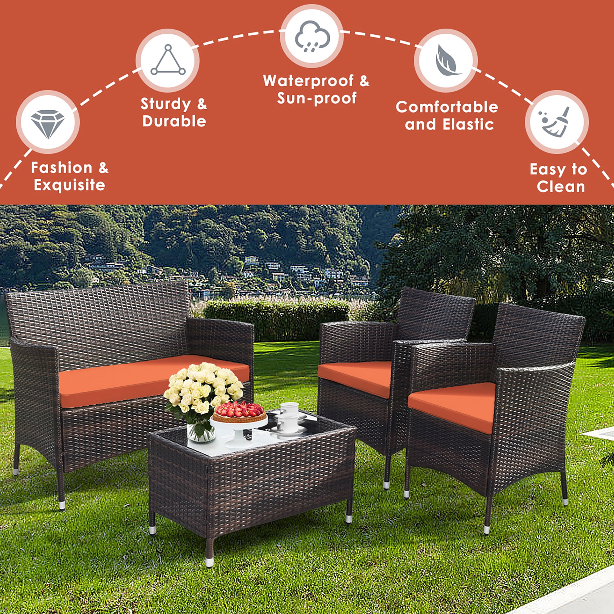 Gymax 4PCS Patio Rattan Conversation Furniture Set Outdoor w/ Orange Cushion