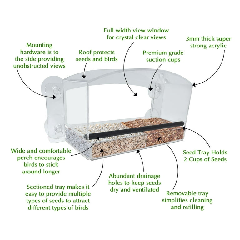 Deluxe Clear Window Bird Feeder, Large Wild Birdfeeder With Drain Holes,  Removable Tray, Super Strong Suction Cups, Transparent Viewing, Covered,  High Seed Capacity, Rubber Perch! – 1337nih