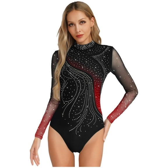 Nyeemya Women's Adult Figure Skating Jumpsuit Long Sleeve Rhinestone Gradient Color Ballet Gymnastic Leotard Red L