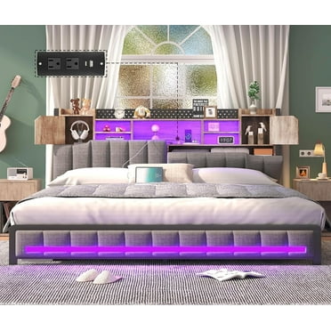 King Size Bed Frame and Bookcase Storage Headboard, LED Upholstered Bed Frame King with Charging Station, Light up King Size Platform Metal Bed Frame, No Box Spring Needed, Charcoal Gray