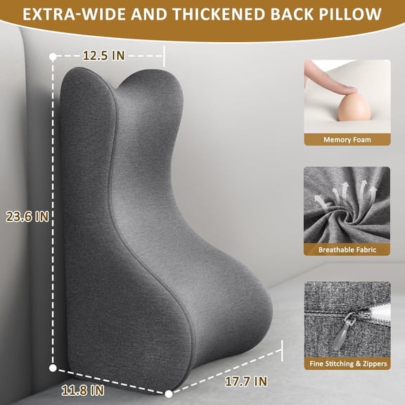 Reading Pillow for Bed,Ergonomic Wedge Pillow Headboard,Memory Foam Back Support Pillow for Bed Sitting Up Adult Sleeping,Wedge Headboard Pillow for Sleep Apne on Bedrest Couch Floor,Grey