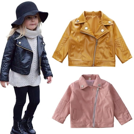 

Esaierr Kids Girls Spring Motorcycle Faux Leather Jackets with Oblique Zipper for Toddlers Baby Childrens Short PU Leather Jackets Coats Outwear 1-12 Years