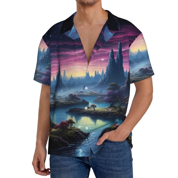 Balery Fantasy Landscape Starry Night Camisa Casual de Manga Corta con Botones para Hombre, Texturizada, Estilo Cubano, para Playa, Verano-Large