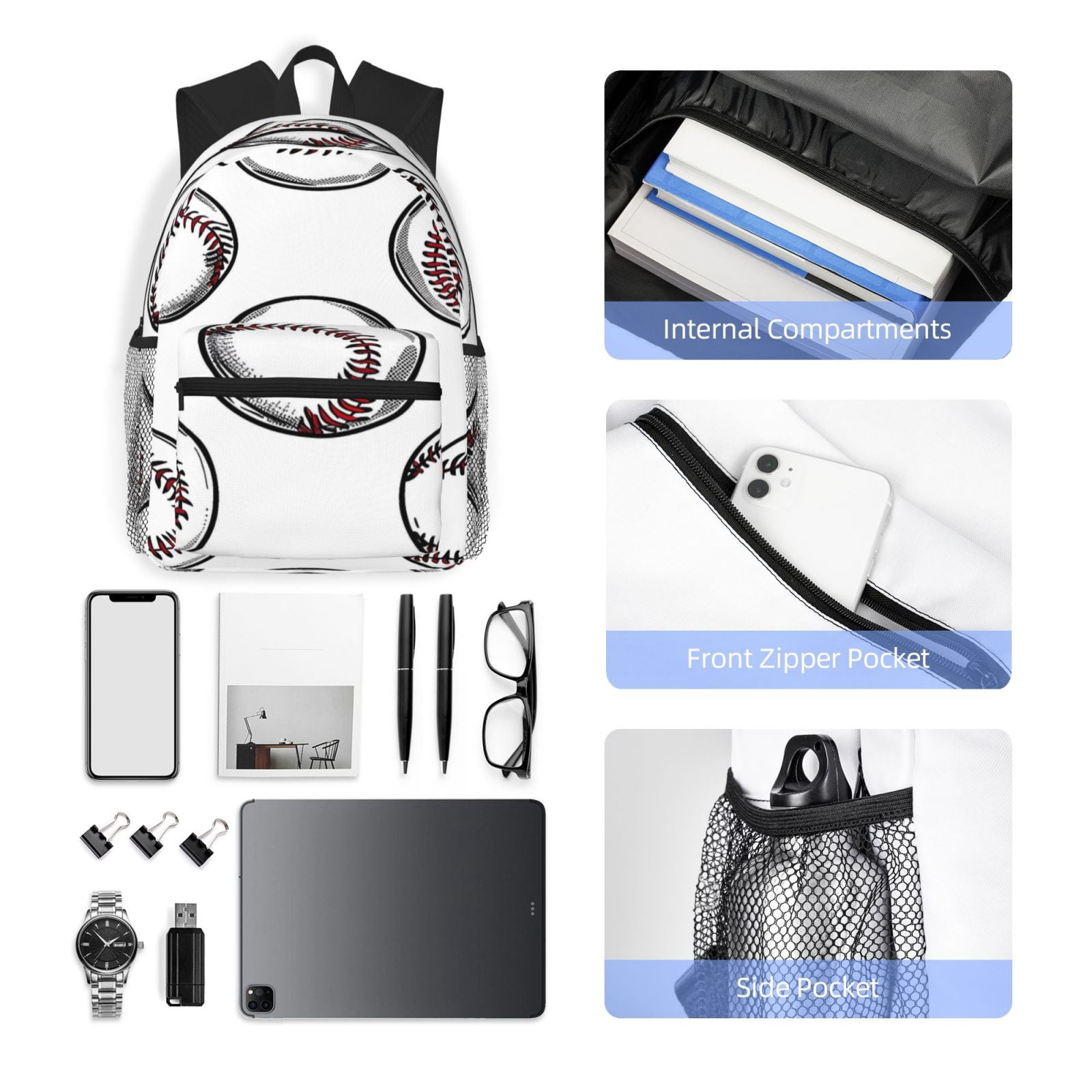 Casual Backpack Water Resistant Lightweight Daypack For Work Travel Hiking Camping Laptop Compartment & Side Mesh Pockets Baseball Theme Sporty Dynamic