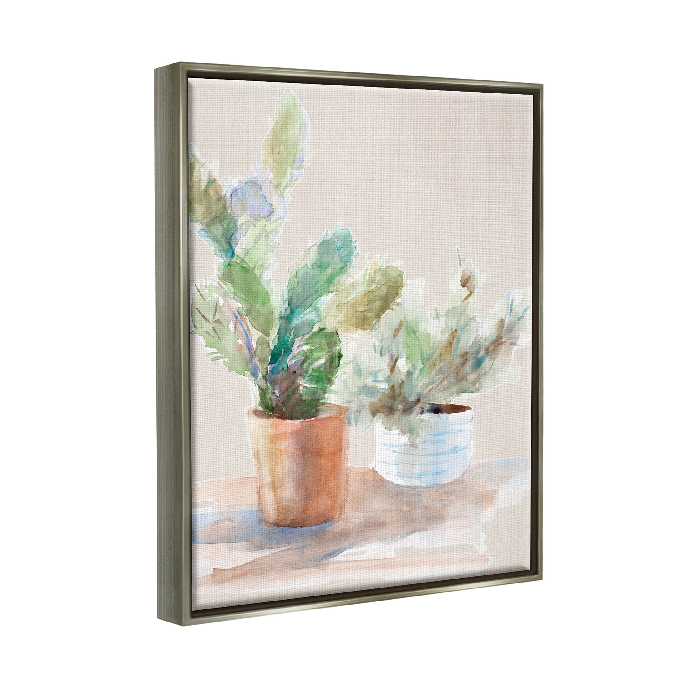 Stupell Industries Potted Cactus Plants Watercolor Painting Luster Gray Floating Framed Canvas Print Wall Art, Design by Lanie Loreth