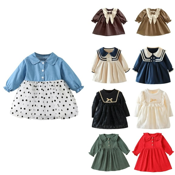 Antinious Girls Frock Dress Girls Princess Dress Long Sleeved Crew Neck College Style Party Knee Length Dresses,Toddler Girls Outer Dress,Kids Party Dress,Blue,100