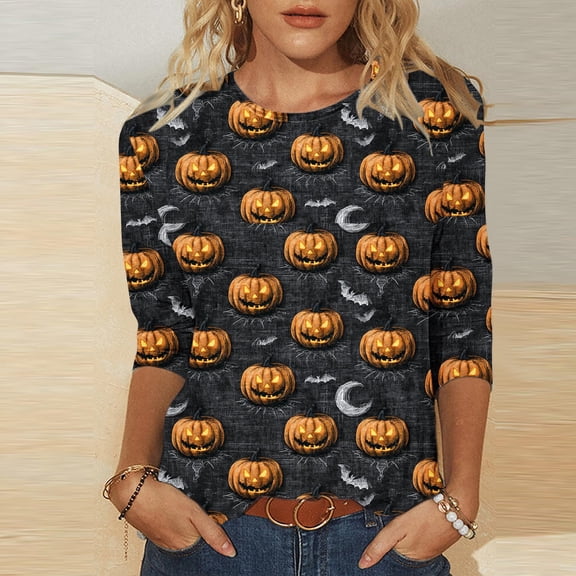 Ynynloco Women's Fall Shirts Halloween Crew Neck 3/4 Length Sleeve Pumpkin T-Shirts Thanksgiving Graphic Tee Tops