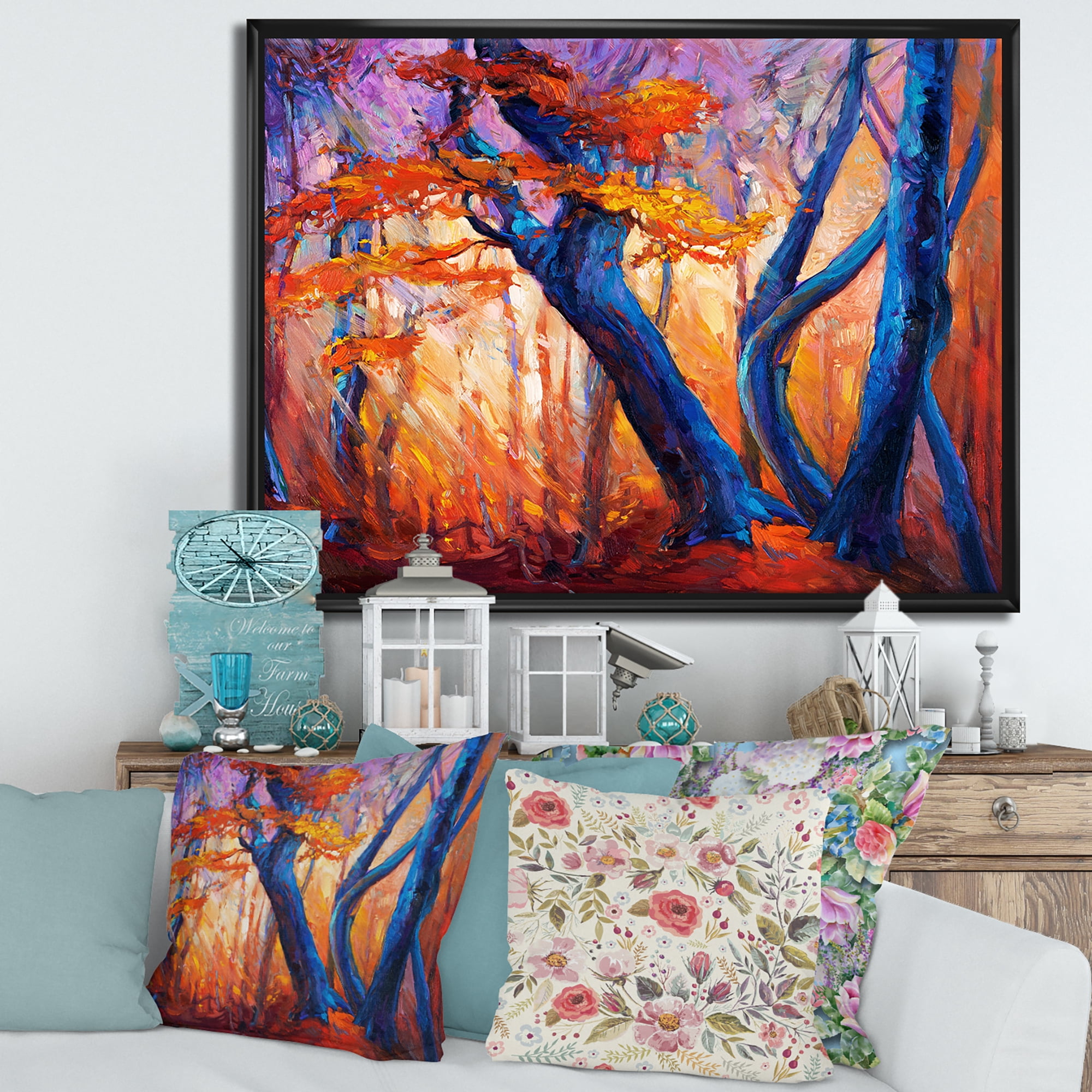 Abstract Blue Silhouettes Of Trees In Orange Autumn Forest 40 in x 30 in Framed Painting Canvas Art Print, by Designart
