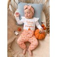 thumbnail image 6 of RUINIXCW Newborn Baby Girl Halloween Outfit Fall Winter Clothes Cute Pumpkin Letters Print Ribbed Ruffle Long Sleeve Romper and Bow Pants Headband Set, 6 of 9