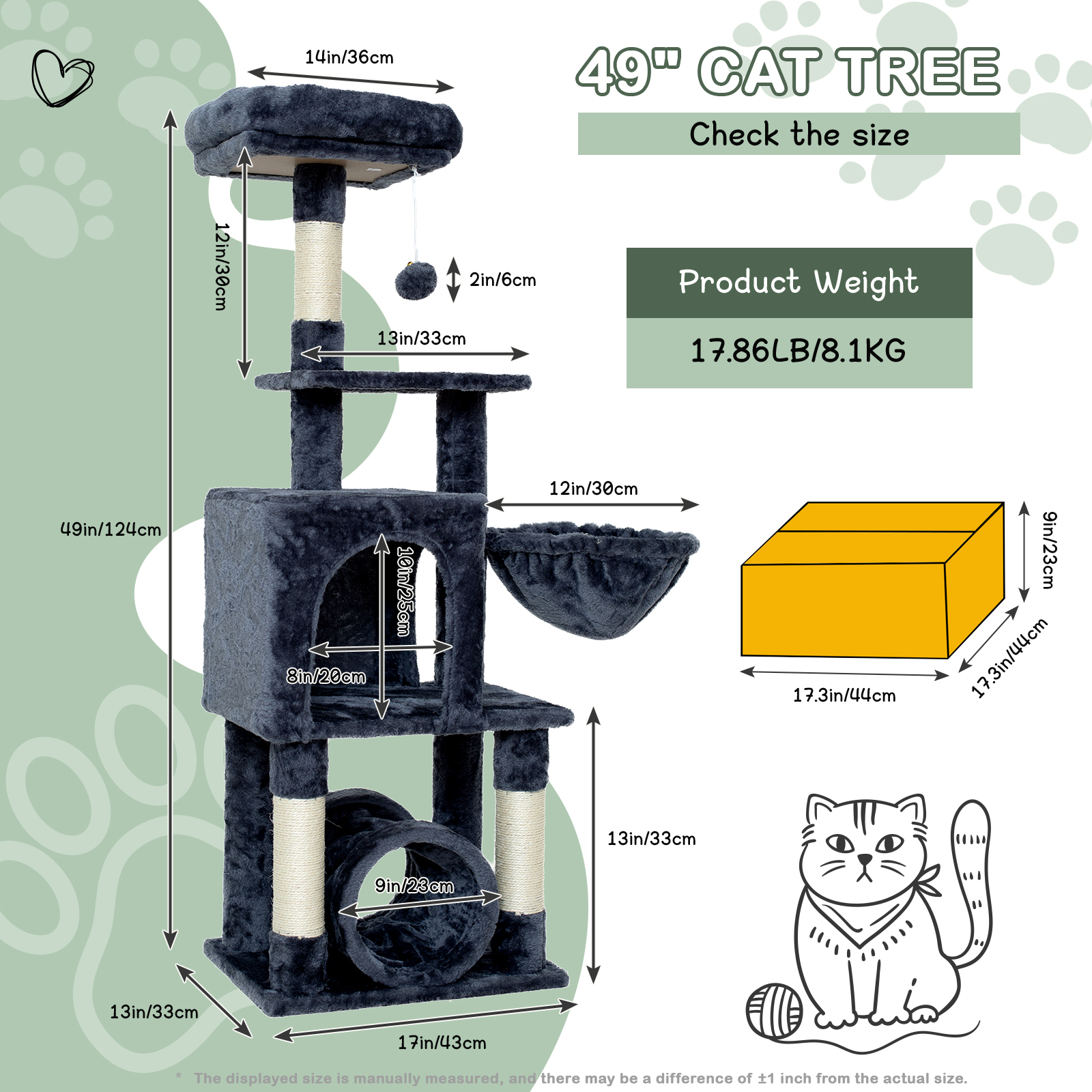Senbonry Cat Tree for Indoor Cats with Scratching Posts 49in Small Gothic Tower with 9 Inchs Tunnel, Condo, Basket, Pompoms,Dark Gray