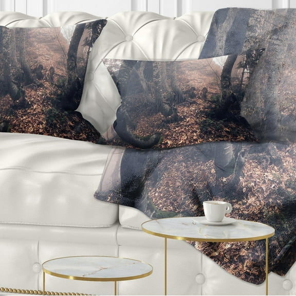 Designart Autumn Foggy Forest Trees - Landscape Photography Throw Pillow - 12x20