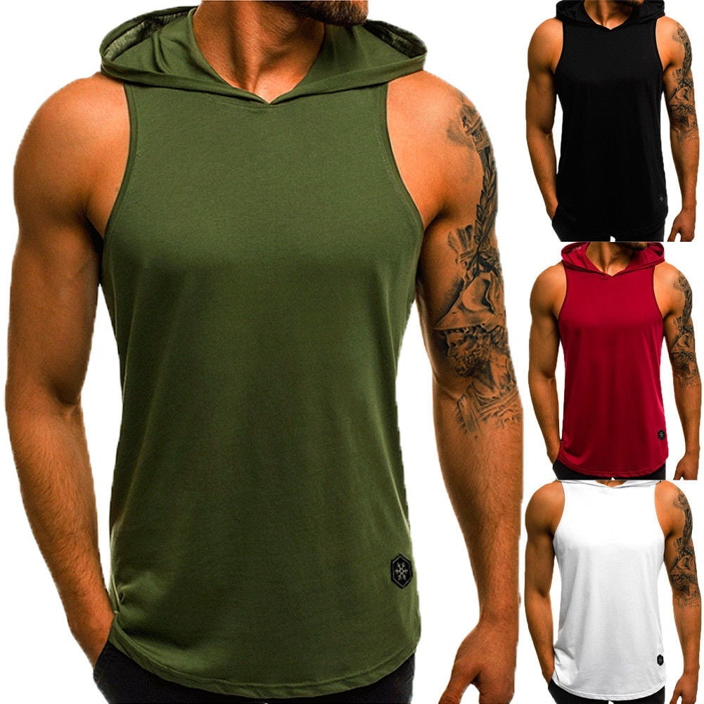 Men's Gym Pullover Vest Sleeveless Casual Hoodie Hooded Tank Tops Muscle T-Shirt
