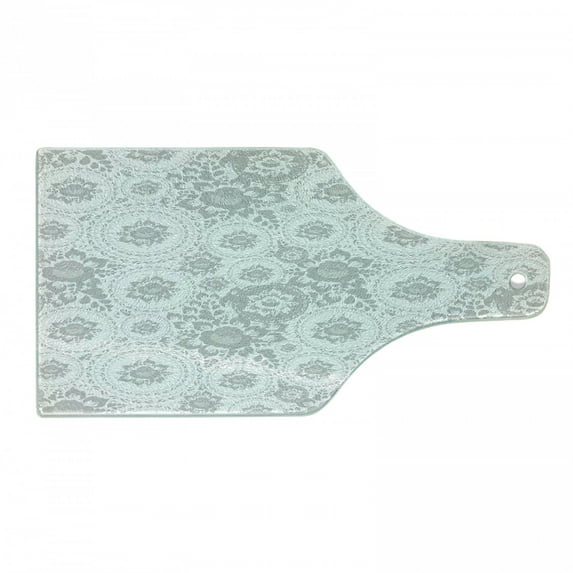 Grey Cutting Board, Shabby Form Medieval Slavic Monochrome Rose Petals Florets Fragrance Work of Art, Decorative Tempered Glass Cutting and Serving Board, Wine Bottle Shape, White, by Ambesonne