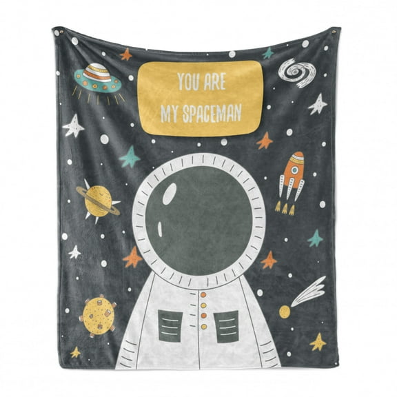Astronaut Soft Flannel Fleece Throw Blanket, You Are My Spaceman Cosmic Doodle with Stars Rocket Moon Comet Galaxy UFO, Cozy Plush for Indoor and Outdoor Use, 50" x 70", Grey Multicolor, by Ambesonne