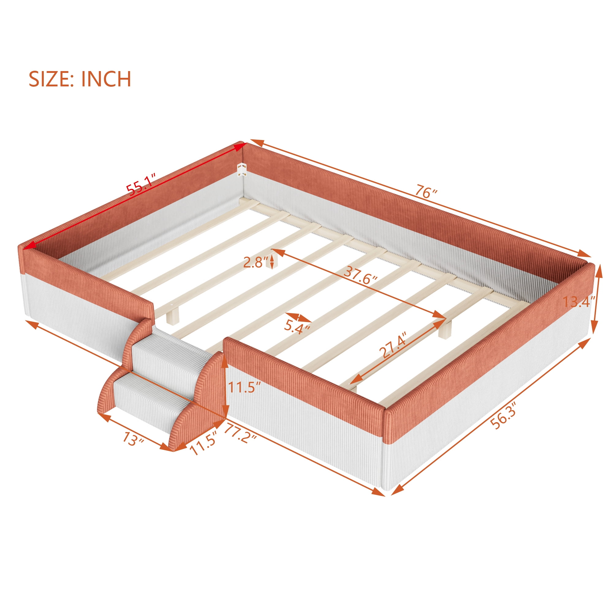 Howcool Full Size Corduroy Upholstered Floor Bed with Fence and Smart LED Lights,2-Tier Steps Platform Bed Frame,Brown+White