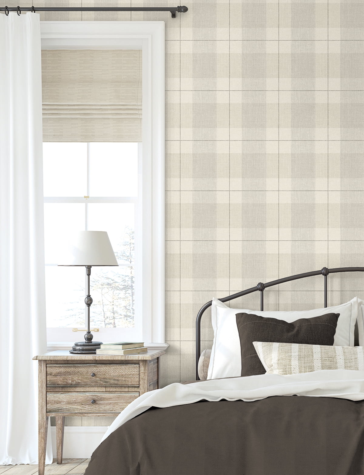 NextWall Neutral Lenox Hill Plaid Peel and Stick Wallpaper - 20.5 in. W. x 18 ft. L. Roll