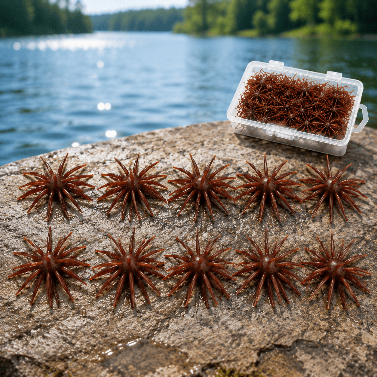 ILHHTCN Premium Creature Bait for Bass Fishing Soft Plastic Fishing Lures with Tackle Box Sea Urchin & Fuzzy Dice Style Finesse Bait for Freshwater Trout Crappie Finesse Soft Worm Rigs