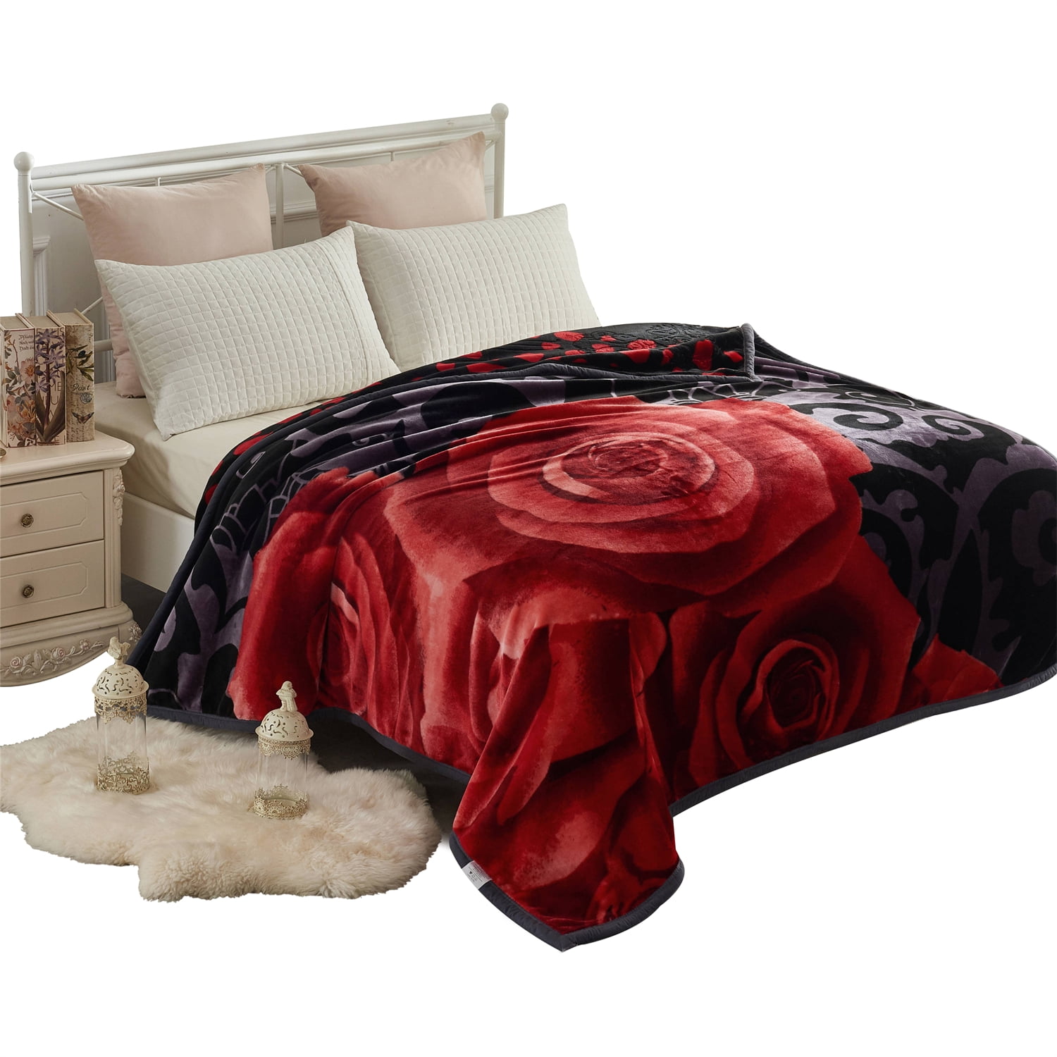NC Plush Fleece Bed Blanket, Soft, Reversible Warm Blanket King 83"x93", Black Floral