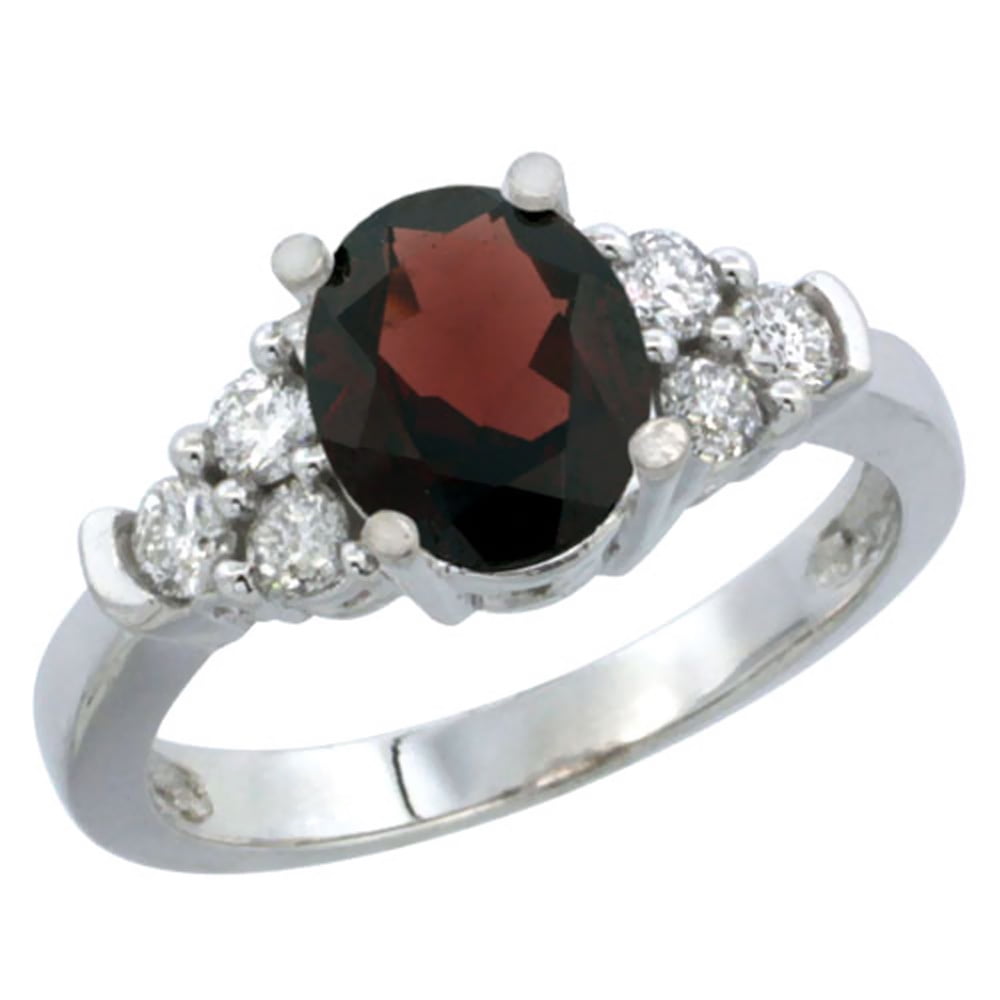 14K White Gold Natural Garnet Ring Oval 9x7mm Diamond Accent, size 5 by Gabriella Gold