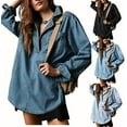 thumbnail image 2 of Women's Denim V-Neck Pullover Shirt, Oversized Drop Shoulder Long Sleeved Jean Shirts, Trendy Loose Fit Turndown Jacket, 2 of 7