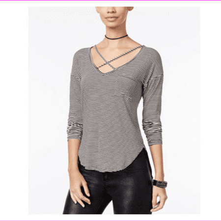 Criss Cross Pocket Belle Du Jour Juniors' Front pocket Crisscross V-Neck Long Sleeve Top XL/BLW/Black/ White ()