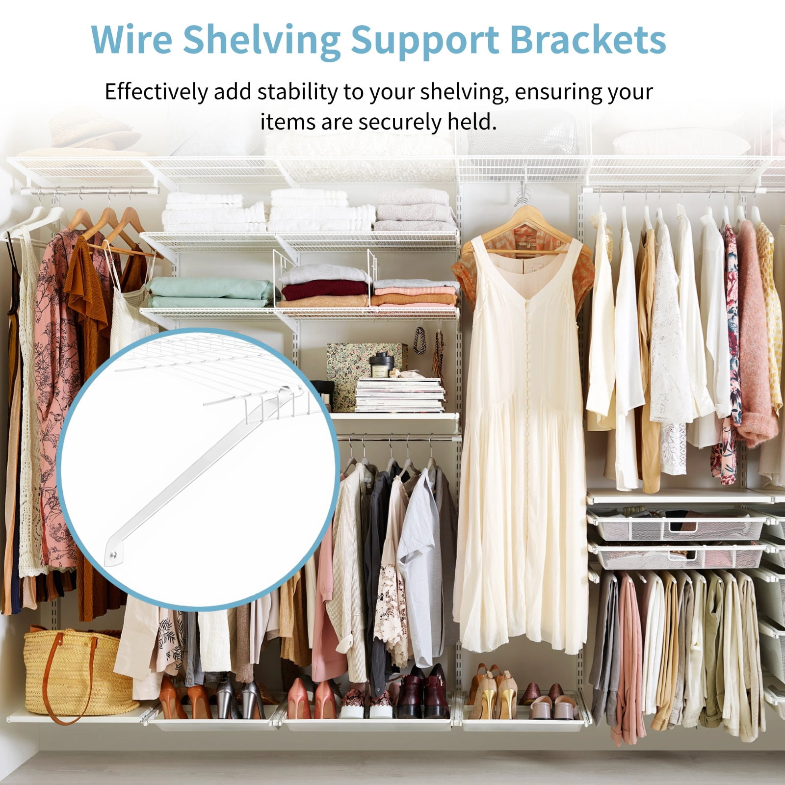 8 Pcs Wire Shelving Support Brackets, 12" Metal Wire Shelf Brackets, Heavy-Duty Mounting Brackets with Screws, White Epoxy-Coated Closet Shelving Accessories for RVs