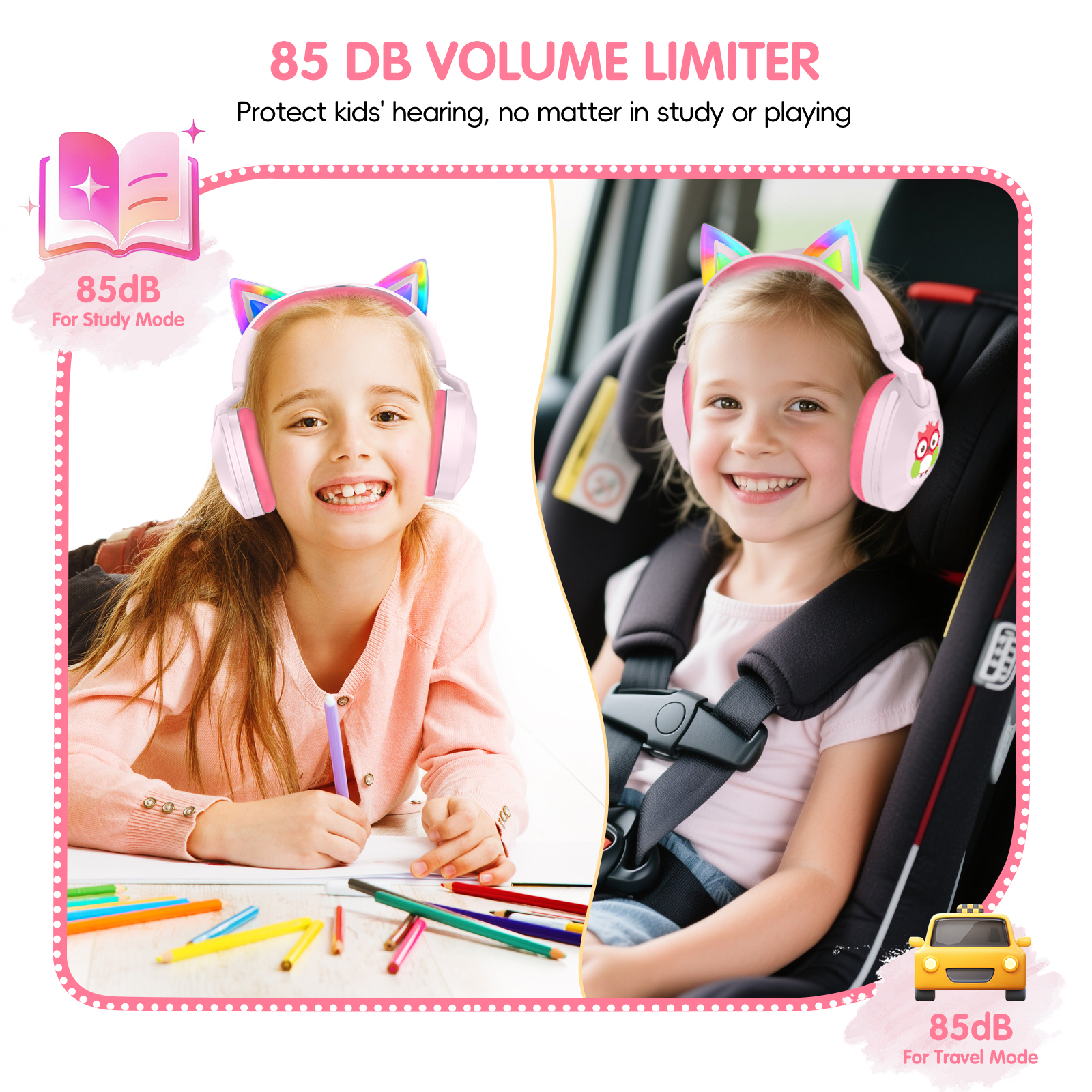 LOBKIN Kids Bluetooth Headphones,Lightweight Wireless Headphones for Kids,85dB Volume Limited,Foldable,35 Hours Playtime,Bluetooth 5.4, Over-Ear Toddler Headsets with Built-in Mic,Pink