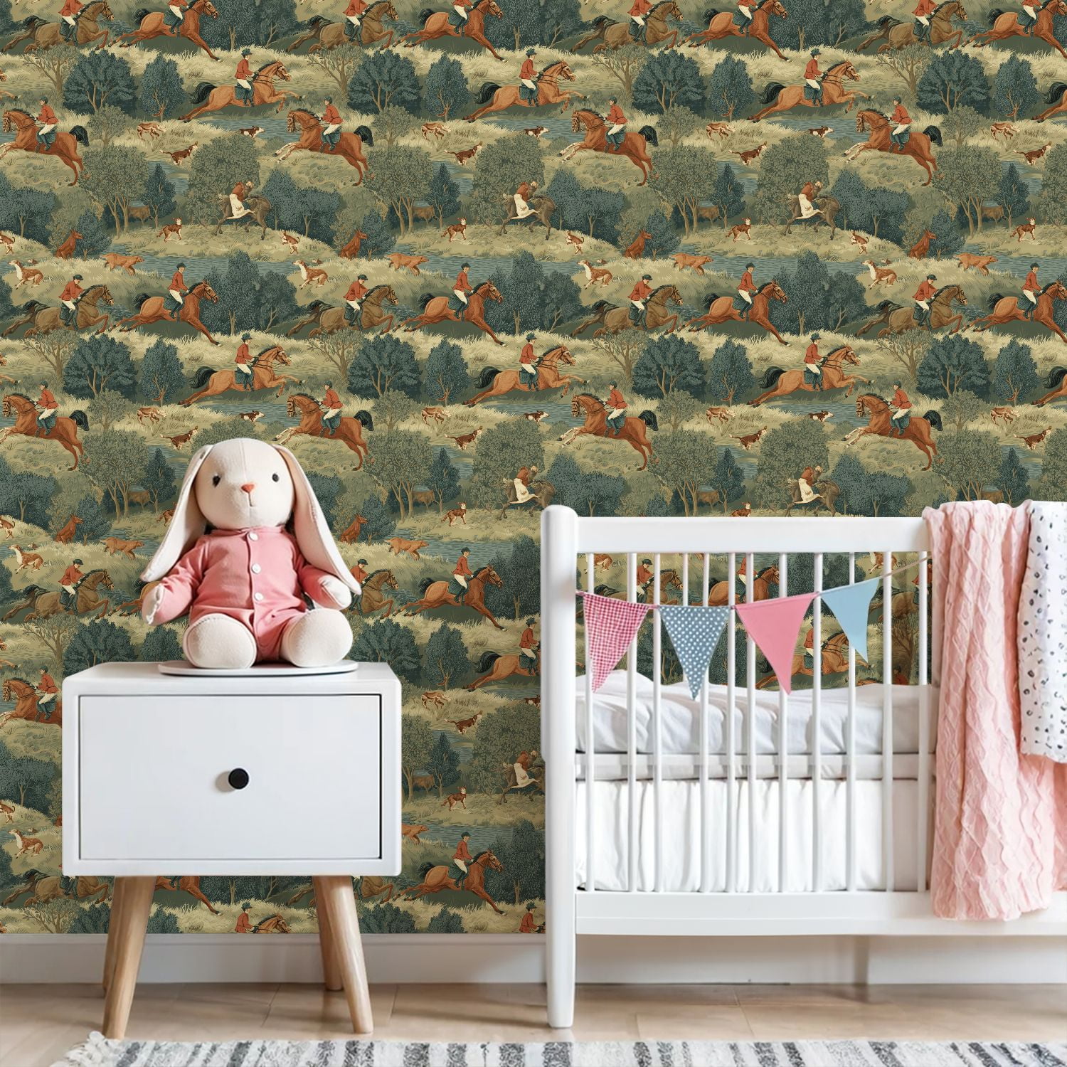 Hunt Peel and Stick Wallpaper 23.6in x 9.8ft Equestrian Chase Horses Riders Dogs Natural Landscape Contact Paper Vinyl Waterproof Self Adhesive Wall Paper for Bedroom Shelf Cabinet Renter Friendly