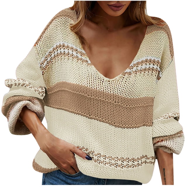 Abrigo de suéter de moda para mujer Abrigo de retazos de manga larga suelto con cuello en V Pompotops hdfakjf11475