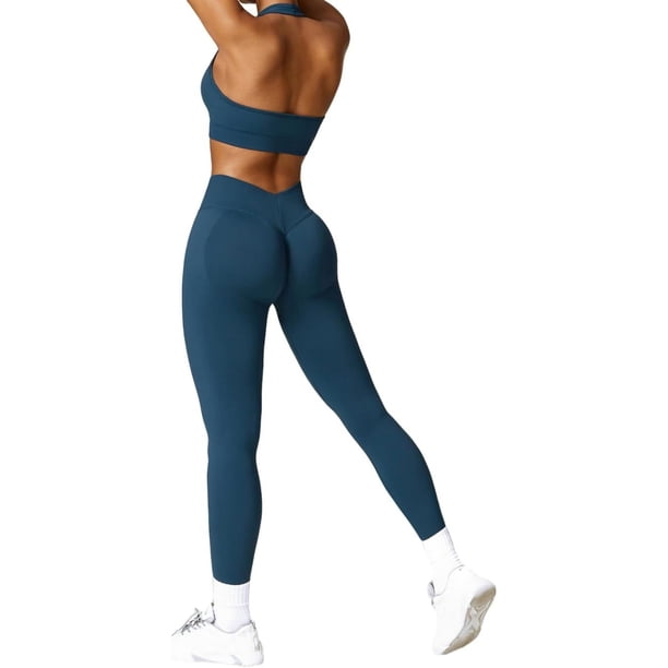 Yknktstc Conjunto de entrenamiento sin costuras de 2 piezas para mujer, sin espalda, sujetador deportivo con espalda en V, cintura cruzada, leggings de yoga, traje de gimnasio