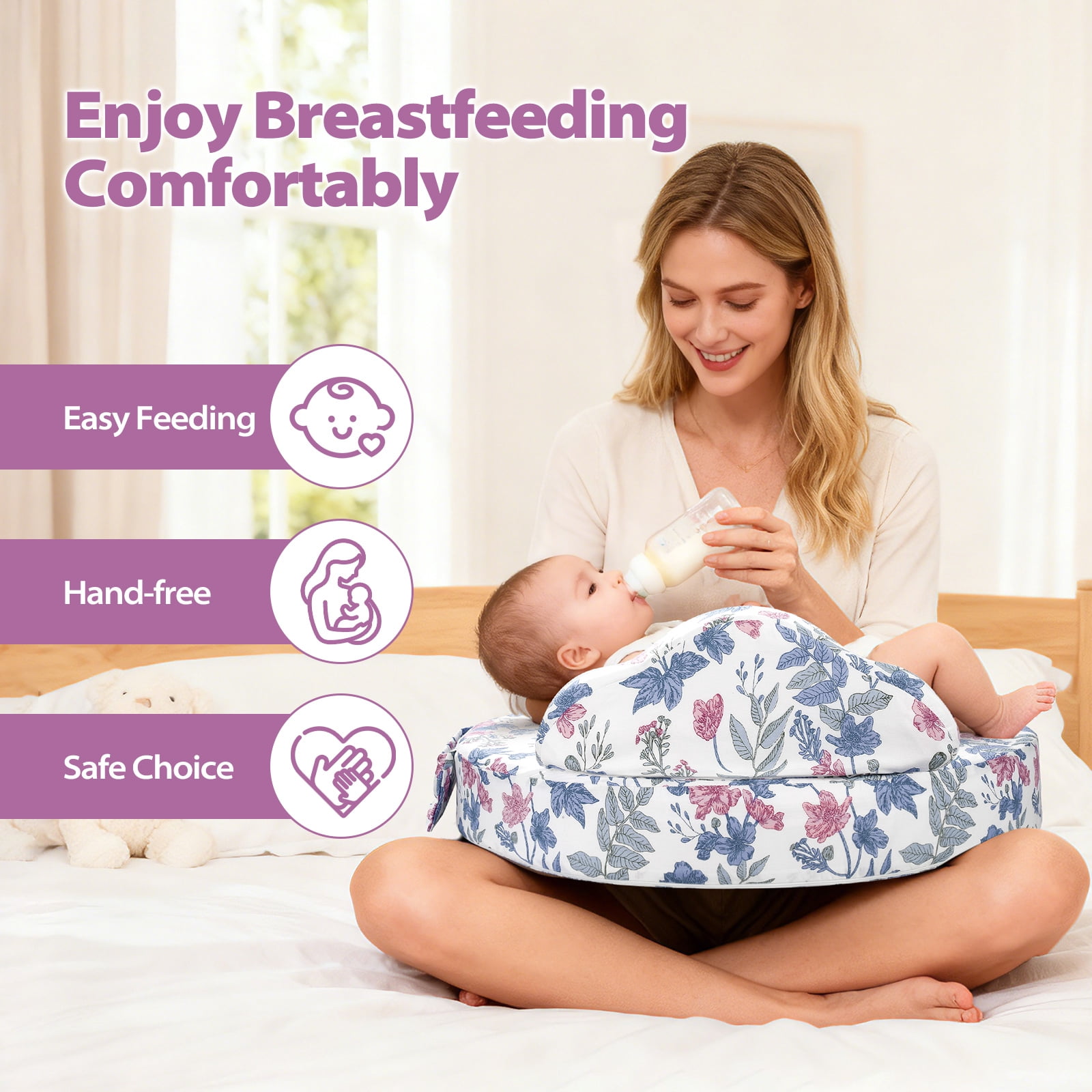 ACGROW Nursing Pillow - Memory Foam Bottle & Breastfeeding Pillow with Safety Fence - Ergonomic Support, with Wider Breast Feeding Cushion, Adjustable, Removable Cover, Baby Safety Certified Violet