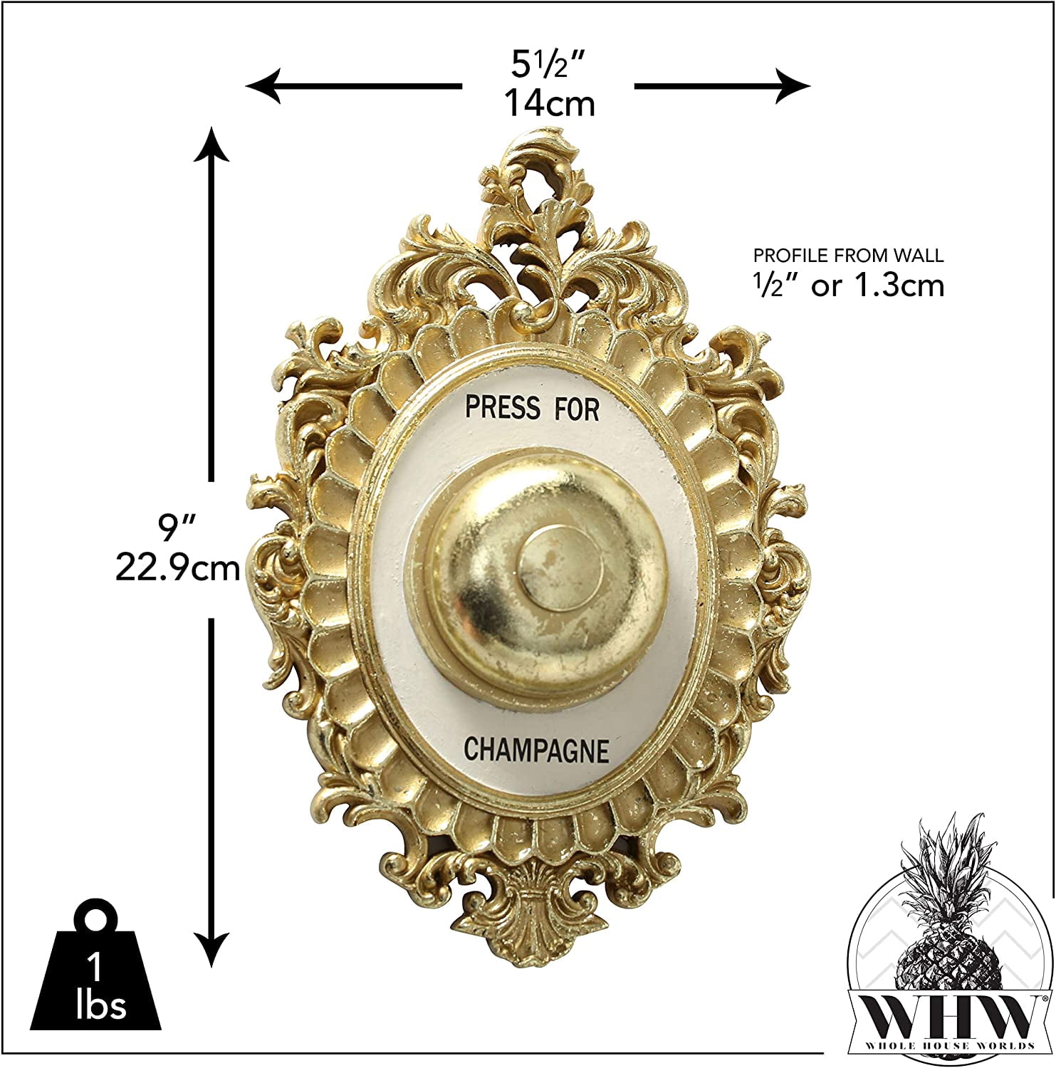 WHW Decorative Door Bell, Champagne Theme, Ornamental Plaque, 9 Tall x 5.5 Inches Wide, Metallic Gold and White, 1 Count