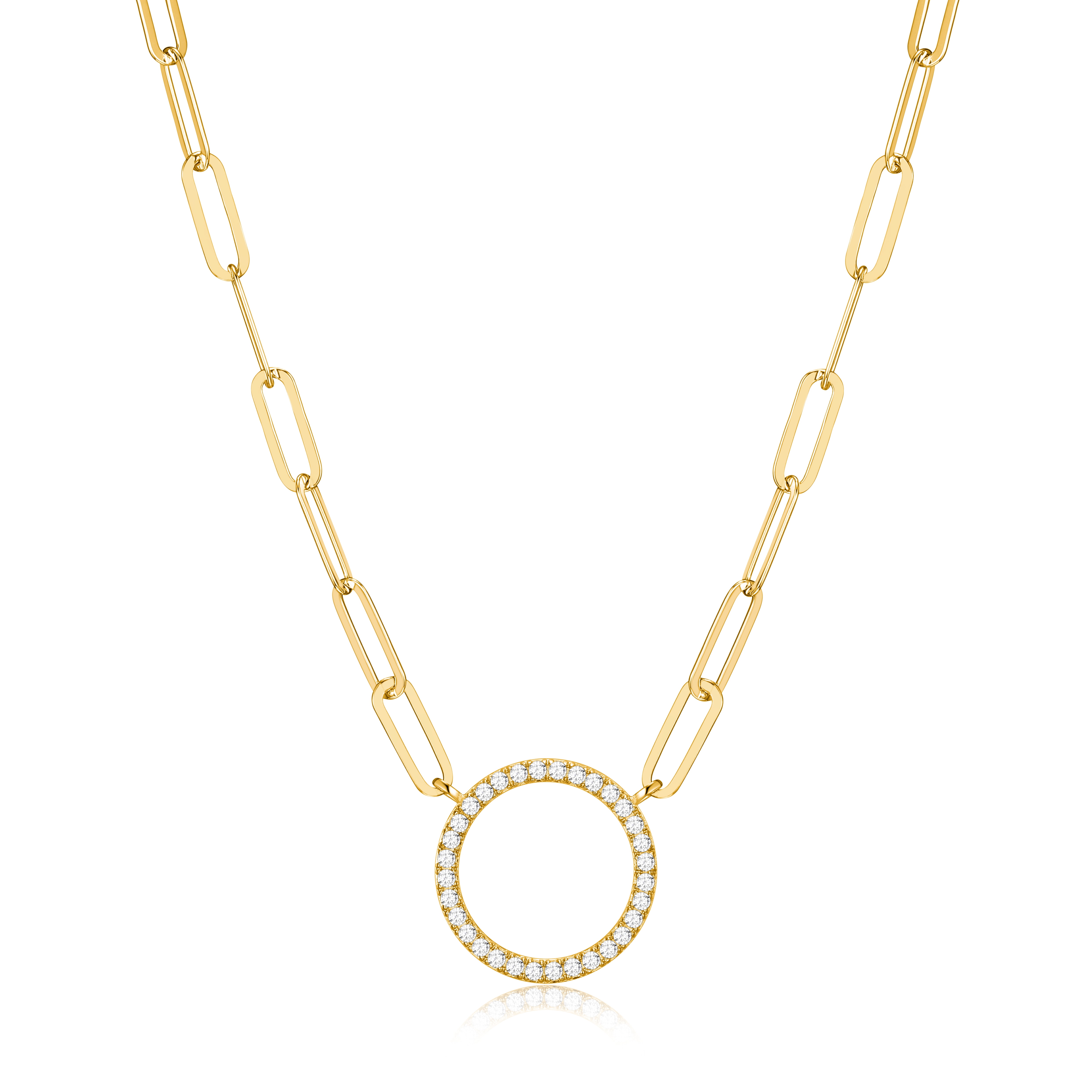 Cubic Zirconia Lined Circle 18K Gold Over Sterling Silver Paperclip Necklace Gift for Her, 18" + 2" Extension