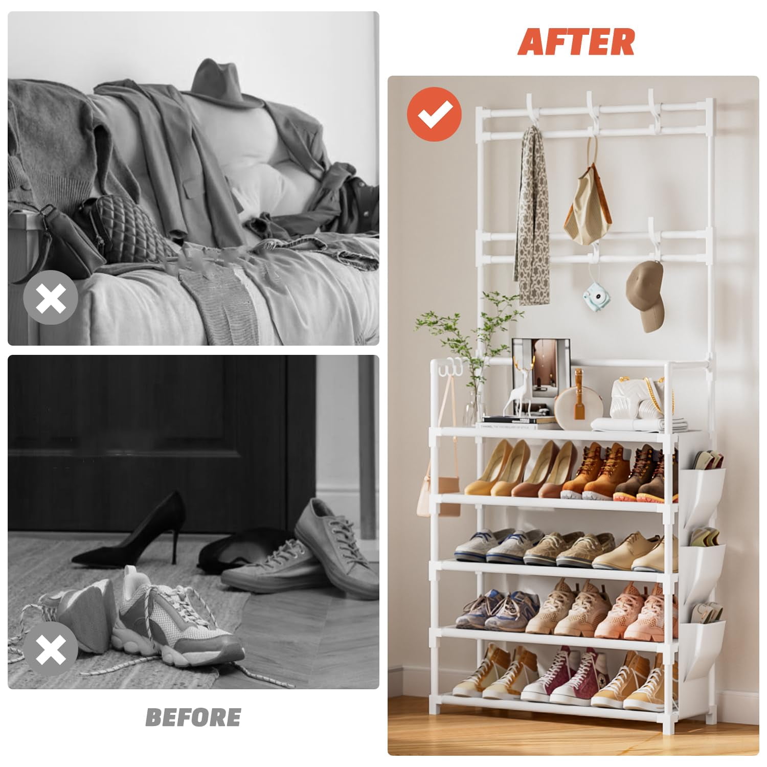 Shoe Rack 5 Tier Organizer Storage 15-20 Pairs Shoes For Closet Entrance With Hooks And Side Pocket Entryway Holder Space Saving Free Standing Racks