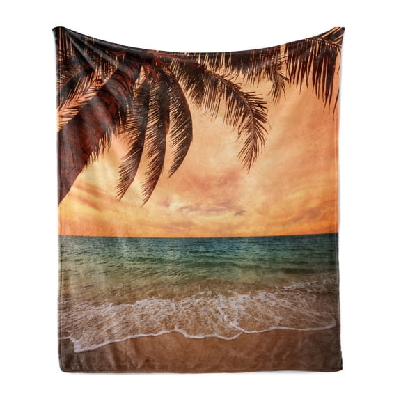 Tropical Soft Flannel Fleece Throw Blanket, Seascape Scenery with Ocean Beach Palm Tree and Sunset Sky in Soft Tones, Cozy Plush for Indoor and Outdoor Use, 60" x 80", Multicolor, by Ambesonne
