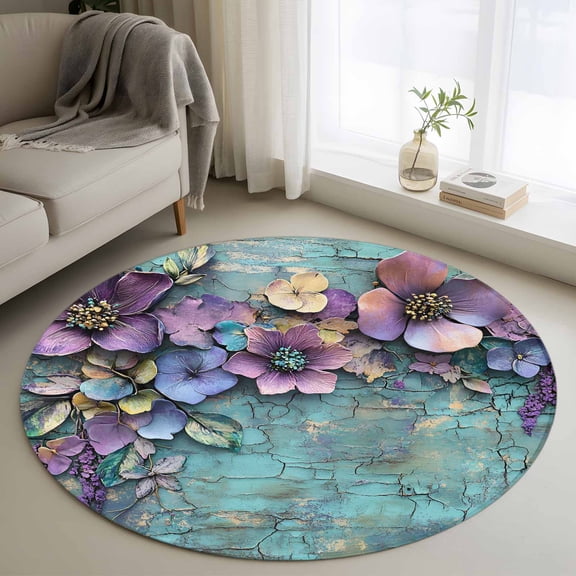Spring Purple Flower Round Area Rug 4 FT, Non Slip Indoor Outdoor Rug, Retro Wall Seamless Garden Pastoral Washable Soft Circular Carpet Non-Shedding Floor Mat for Coffee Table Nursery Foyer Balcony