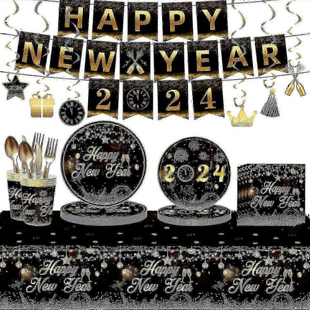2024 New Year & Birthday Party Disposables - Paper Cups, Plates, Napkins, Tablecloths & Banner Straw ws
