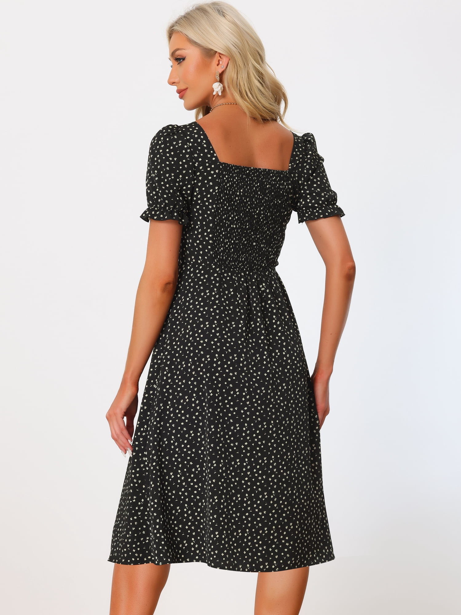 Unique Bargains Women's Floral Square Neck Button Decor Puff Short Sleeve Midi Dress L Black