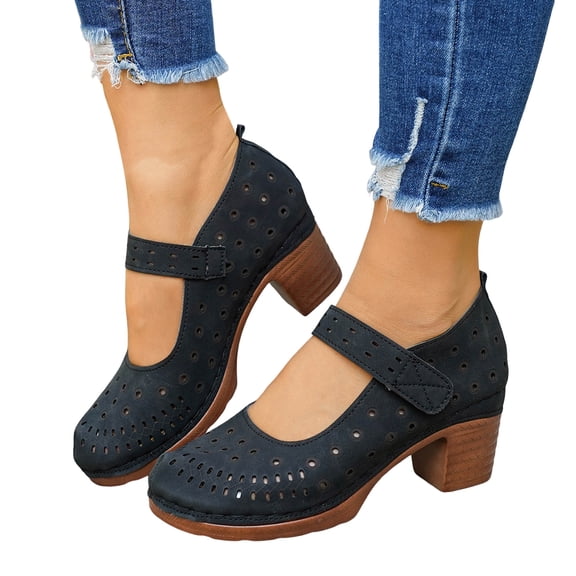 Rokment Women's Vintage Chunky Block High Heels Mary Jane Dressy Sandals Trendy Casual Hollow out Leather Closed Toe Ankle Strap Ballet Flat Dress Pumps Shoes Summer Fall Black Size 5.5