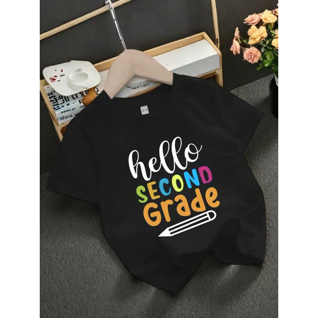 Girls' Cotton Crew Neck T-Shirt with “Hello Second Grade“ Print - Casual Summer Top, Soft Knit Fabric, Regular Fit, White with Colorful Lettering, Everyday Tshirt, Cotton Fabric