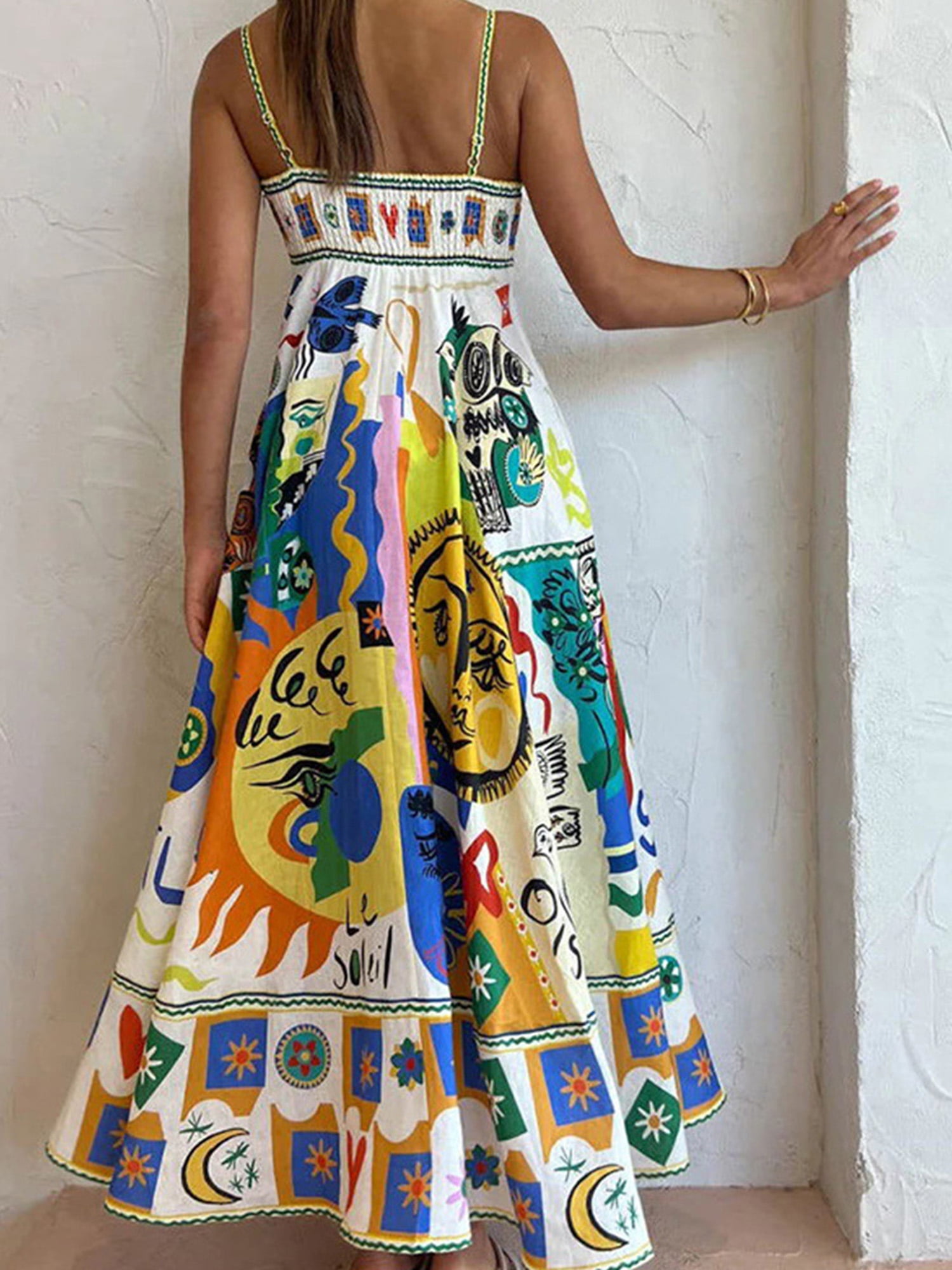 Women Boho Graffiti Cami Long Dress Graphic Spaghetti Strap Flowy Maxi Dress Square Neck Colorful A Line Sundress